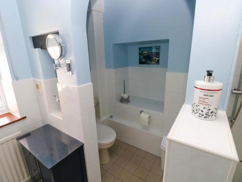 a small bathroom with a toilet and a sink at The Stables in Flemingston