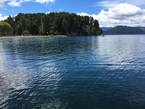 a large body of water with trees in the background at Cabañas El Roble Lican Ray in Licán Ray