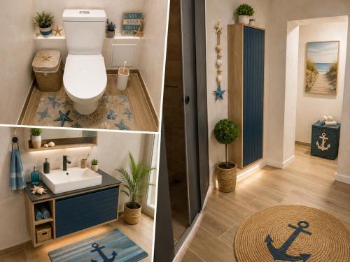 three pictures of a bathroom with a toilet and a sink at Casa M in Kranevo