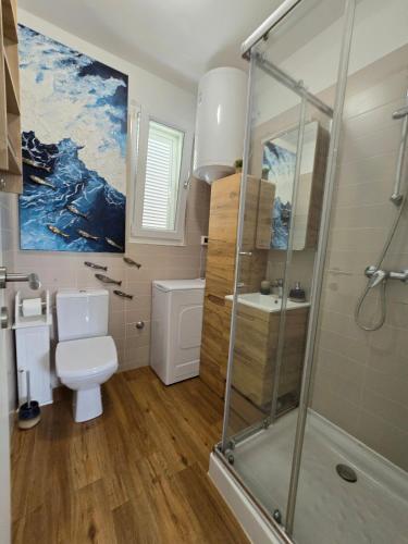 a bathroom with a toilet and a shower at Apartman Oscar with pool access in Petrcane