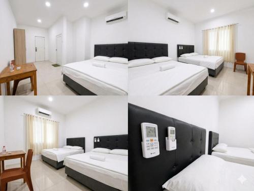 four pictures of a bedroom with two beds and a desk at Hotel Suka Indah in Cikembulan