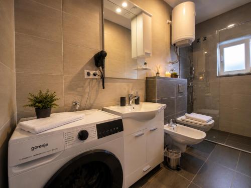 a bathroom with a washing machine and a sink at Apartments Miš in Trebinje