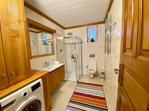 a bathroom with a shower and a toilet and a sink at Sunset House in Selçuk