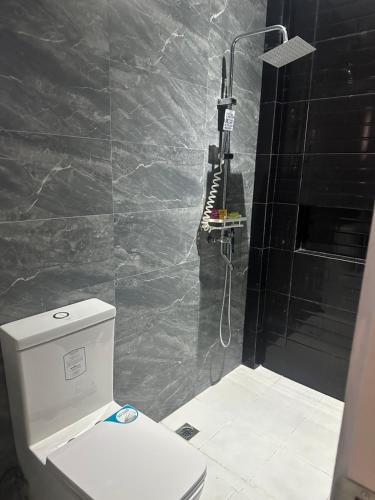 a bathroom with a toilet and a shower at The Perch House in Silañgang Mayao