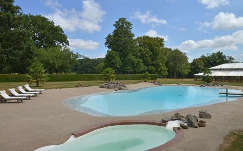 une grande piscine entourée de chaises longues. dans l'établissement B&B Domaine de La Corbe, à Bournezeau