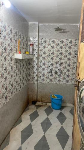 a bathroom with a shower and a blue bucket at The Dream Hotel And Rooms in Etāwah