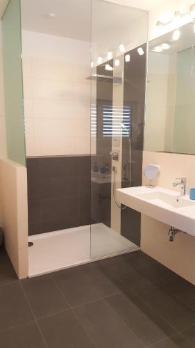 a bathroom with a shower and a sink and a mirror at Ferienwohnung Dolomitenpanorama in Oberlienz