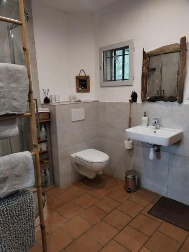 a bathroom with a toilet and a sink at Ancienne Gare Camargue in Arles