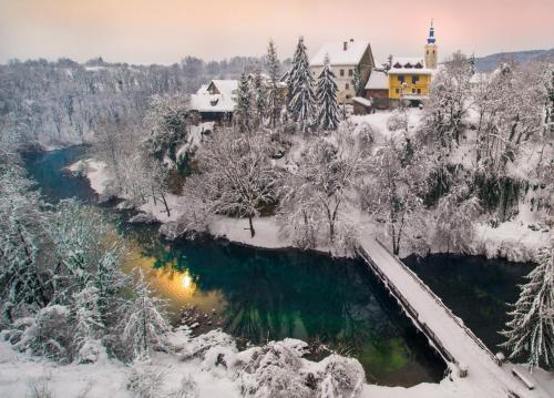a winter view of a river with snow covered trees at Moonriver Apartment in Veljun