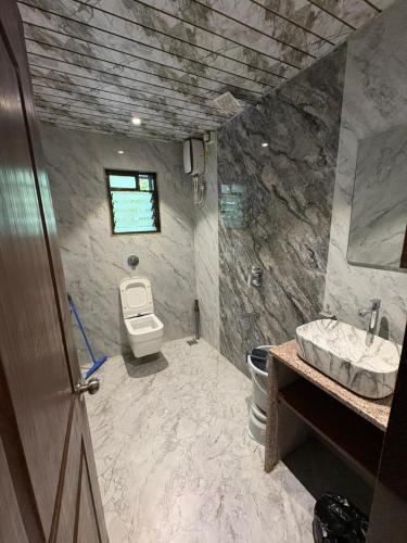 a bathroom with a toilet and a sink at Seven Seas Beach Resort in Diveagar