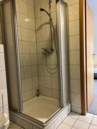 a shower with a glass door in a bathroom at Gästezimmer Rittergut Inh. Christian Eickhoff in Heldburg