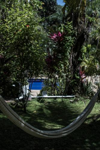 a hammock in front of a garden with plants at Blanconejo de Montezuma in Montezuma