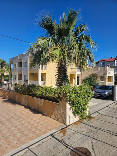 a palm tree in front of a yellow building at Villa Iva-Dom in Kaštela