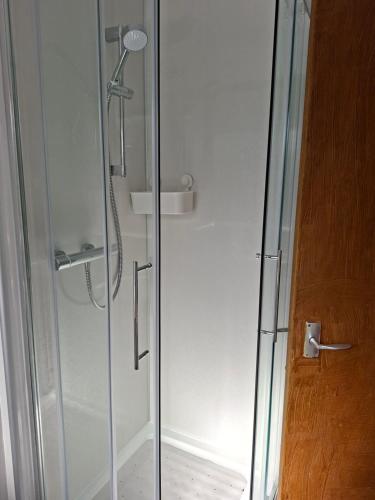 a shower with a glass door next to a wooden door at Pitlochry Youth Hostel in Pitlochry