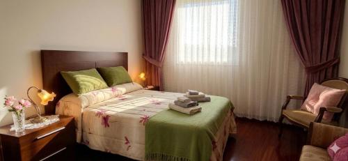 a bedroom with a bed and a chair and a window at Casa Lali in Redondela