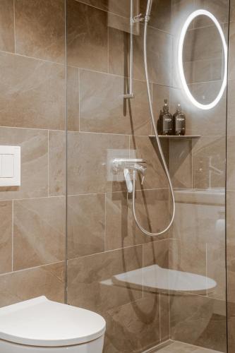 ein Badezimmer mit Dusche, Toilette und Spiegel in der Unterkunft Studio Lago in Tüscherz-Alfermée