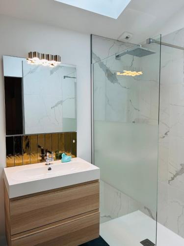 a bathroom with a sink and a shower at Villa premium avec extérieur ensoleillé in Urrugne