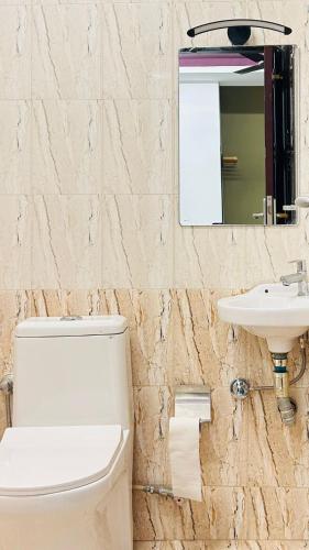 a bathroom with a toilet and a sink and a mirror at Palmyra Hotel and Suites in Kollam