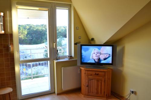 telewizor siedzący na drewnianym stojaku obok okna w obiekcie Apartament Paula w Ustce