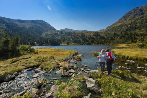 two people standing on a hill overlooking a river at Komfort Appartements Zirbenland - adults only - no dogs in Weißkirchen in Steiermark