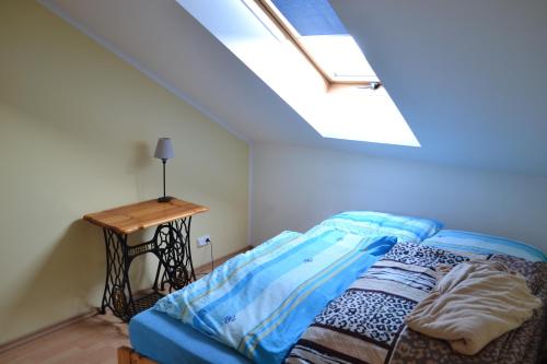een slaapkamer met een bed en een dakraam bij Apartament Paula in Ustka