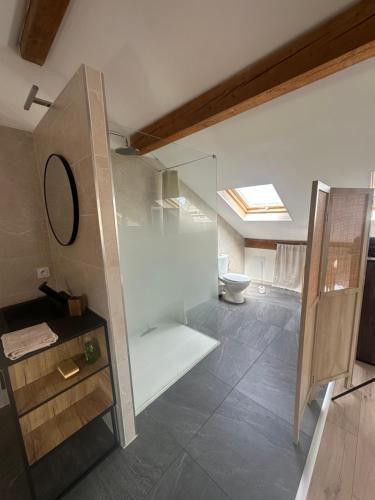 a bathroom with a glass shower and a toilet at Chez Clémence & Baptiste in Buhl-Lorraine