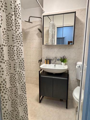 a bathroom with a sink and a mirror and a shower at KA Home in Petrich