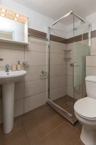 a bathroom with a shower and a toilet and a sink at Sole e Mare B2 Beachfront Sea View Apartment in Koutsourás