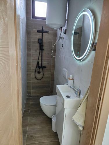 ein Badezimmer mit Toilette, Waschbecken und Spiegel in der Unterkunft Studio centar Lazic 2 in Šid