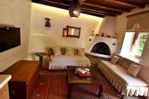 a living room with a couch and a fireplace at Villa Fümehan Tarihi Rum Taş Ev Since 1820 in Kayakoy