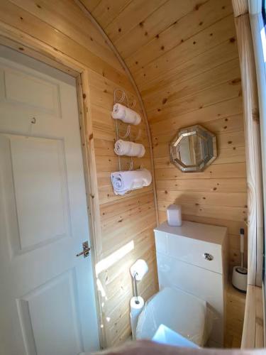 a wooden room with a toilet and a mirror at Kelp Drift, Coastal Pod, near Oldshoremore Beach in Rhiconich