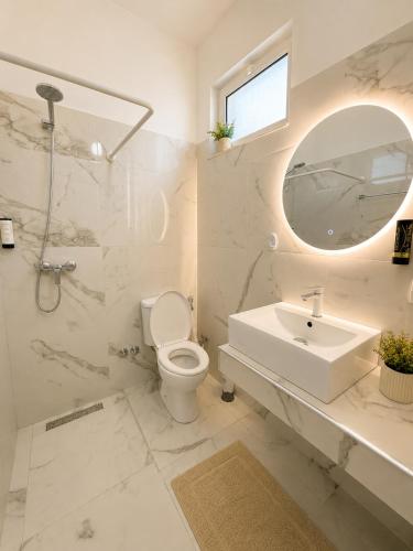 a bathroom with a toilet and a sink and a mirror at Vila Beqja in Durrës