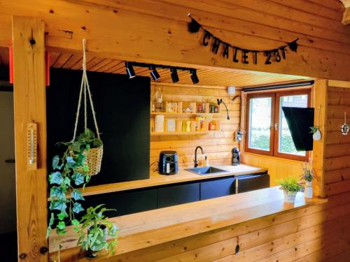 a kitchen in a log cabin with a sink at Chalet La Roche 231 in Rendeux