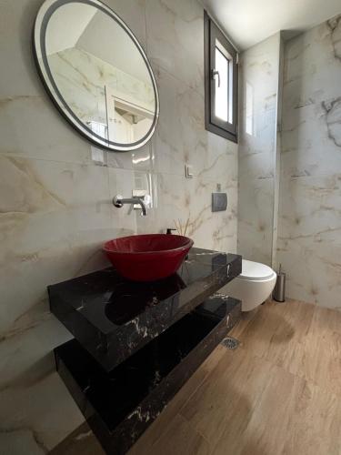 a bathroom with a red sink and a mirror at Villa Olivia Skioni in Nea Skioni