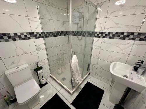 a bathroom with a shower and a toilet and a sink at Stylish 2 Bed Flat Parking Sutton Coldfield in Birmingham
