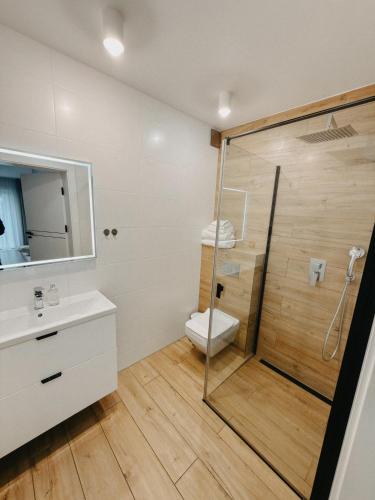 a bathroom with a toilet and a glass shower at Villa Viola in Mielno