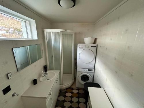 a bathroom with a shower sink and a washing machine at Chic Townhouse - Views Telescope Balcony BBQ in Siglufjörður