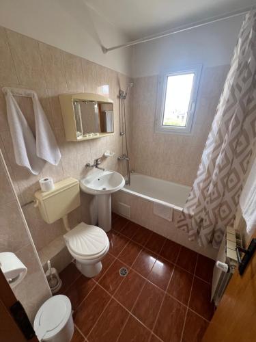 a bathroom with a toilet and a sink and a tub at Niko Hotel in Samokov