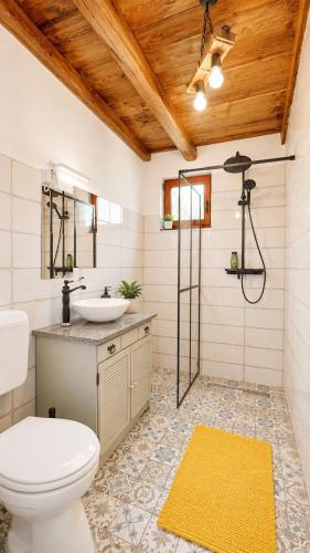 a bathroom with a toilet and a sink and a shower at Három Dió Vendégház in Nyim