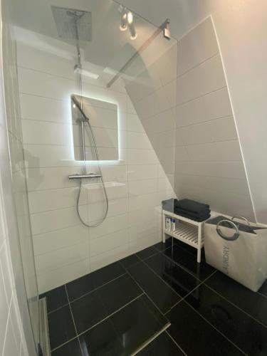 a white bathroom with a shower and a toilet at Moderne 4-Zimmer Wohnung in Wernau