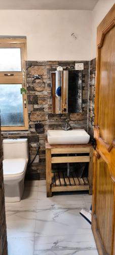 a bathroom with a sink and a toilet at Hotel Namgyal Villa in Nubra