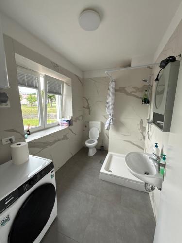 a white bathroom with a sink and a toilet at VP sobe in Ilirska Bistrica