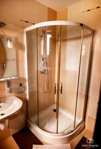 a bathroom with a shower and a sink at Complex Turistic Le Baron Vatra Dornei in Vatra Dornei