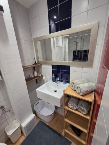 a bathroom with a sink and a toilet and a mirror at Hillside Home in Magyarhertelend