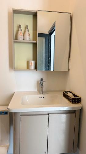 a bathroom with a sink and a mirror at Resort Hoa Loi in Vĩnh Cửu Lỏi (1)