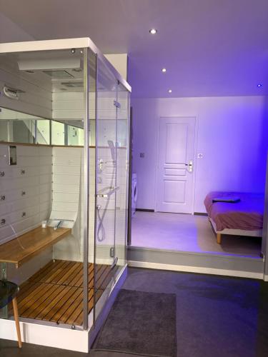 a room with a glass shower and a bed at Maison Spacieuse 3 chambres, billard, proche Zénith, in Pérignat-lès-Sarliève