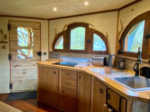 a kitchen with wooden cabinets and a sink and two windows at Les Cabanes De Pyrene in Cazarilh