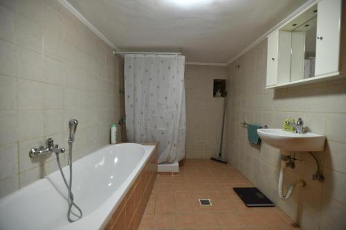 a bathroom with a bath tub and a sink at Rogdia Mountain View Apartment in Rogdhiá