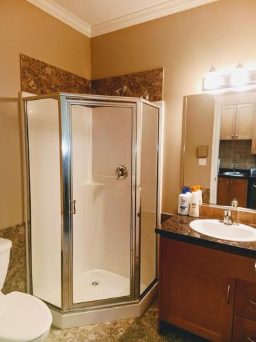a bathroom with a shower and a sink at Cold Moon Inn in Nanaimo