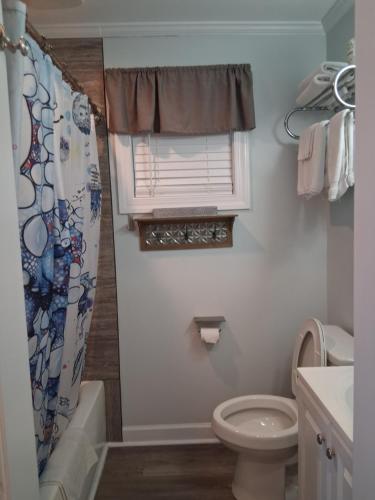a bathroom with a toilet and a shower curtain at Carolina Blue in North Myrtle Beach